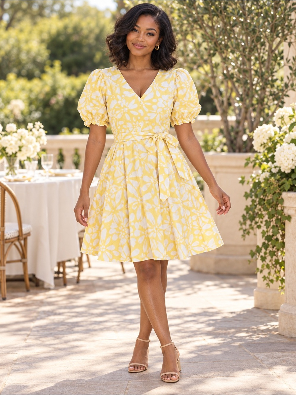 Banana Republic Yellow Floral Cotton Dress Petite L Puff Sleeve